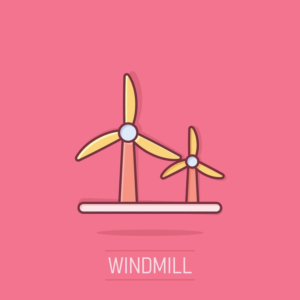 viento poder planta icono en cómic estilo. turbina dibujos animados vector ilustración en aislado antecedentes. aire energía chapoteo efecto firmar negocio concepto.