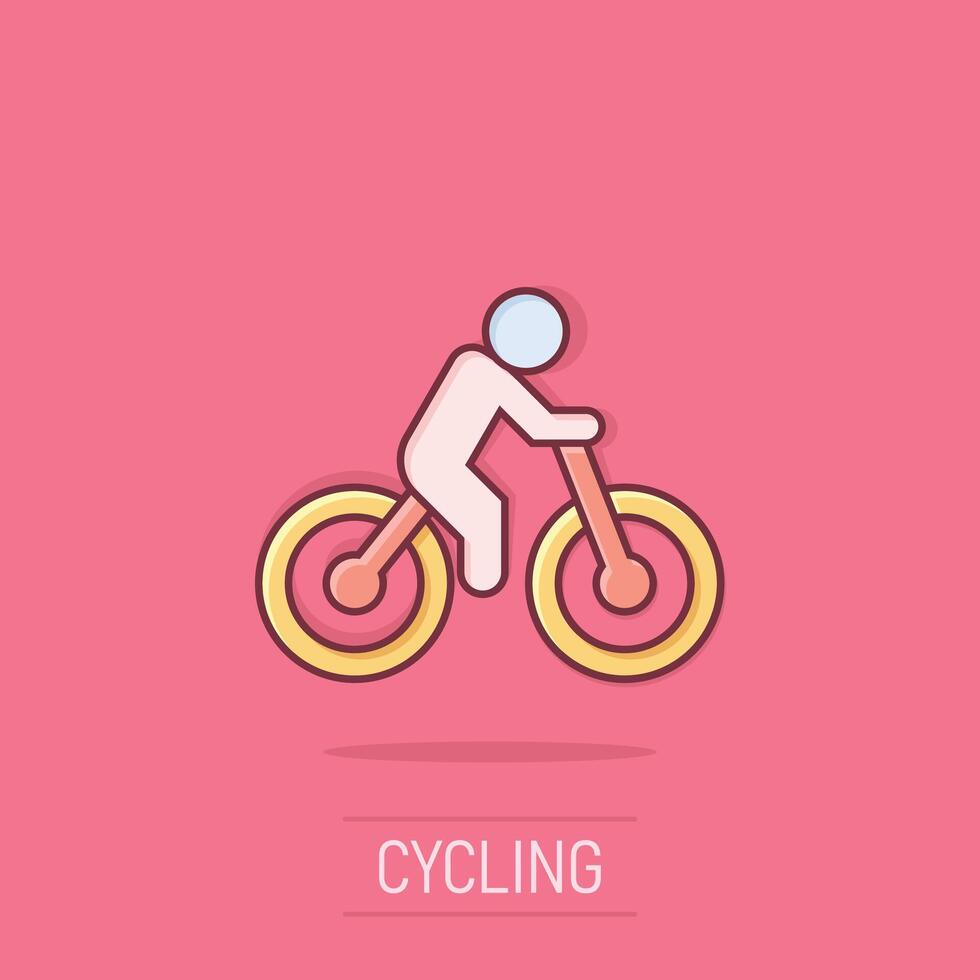 bicicleta icono en cómic estilo. bicicleta con personas dibujos animados vector ilustración en aislado antecedentes. jinete chapoteo efecto negocio concepto.