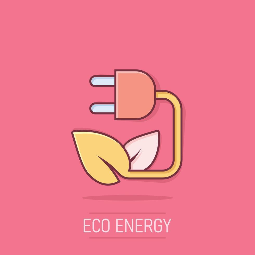 Eco energy icon in comic style. Leaf plug cartoon vector illustration on isolated background. Electrician splash effect sign business concept.