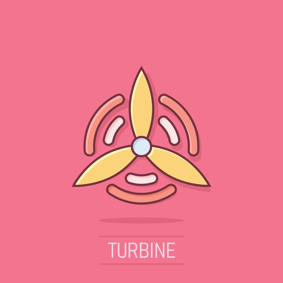 Wind power plant icon in comic style. Turbine cartoon vector illustration on isolated background. Air energy splash effect sign business concept.