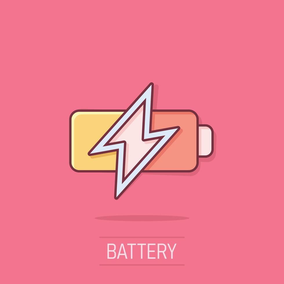 Battery icon in comic style. Accumulator cartoon vector illustration on isolated background. Energy charger splash effect business concept.