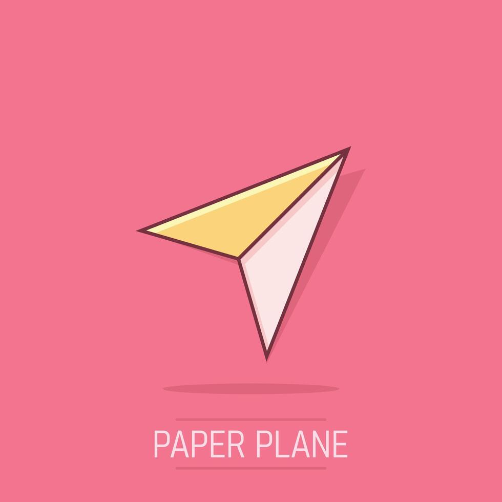 Paper plane icon in comic style. Sent message cartoon vector illustration on isolated background. Air sms splash effect business concept.