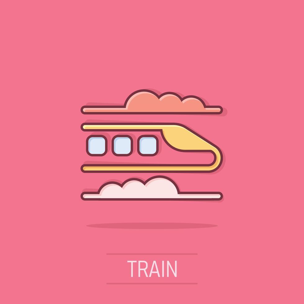 metro icono en cómic estilo. tren subterraneo dibujos animados vector ilustración en aislado antecedentes. ferrocarril carga chapoteo efecto negocio concepto.