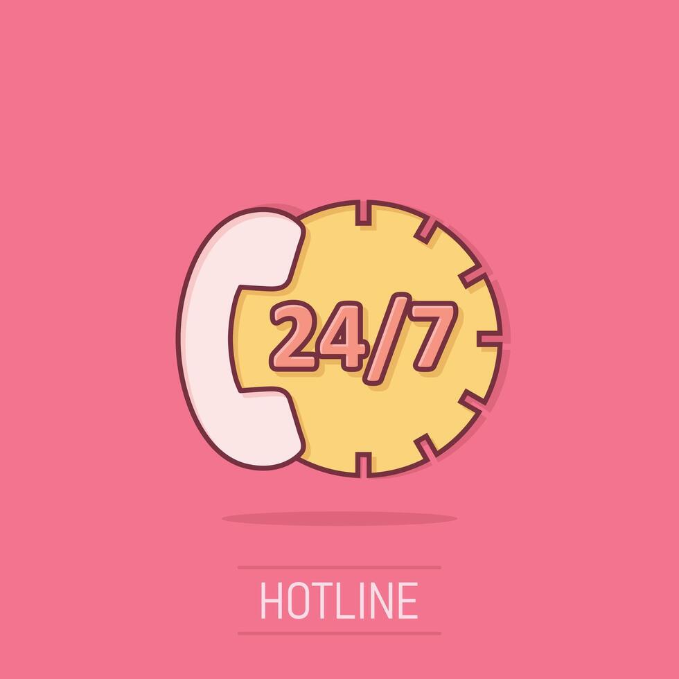 Phone service 24 7 icon in comic style. Telephone talk cartoon vector illustration on isolated background. Hotline contact splash effect business concept.