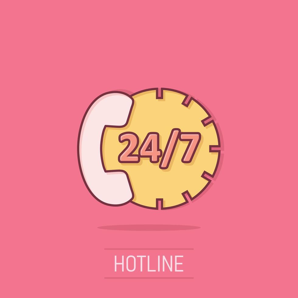 Phone service 24 7 icon in comic style. Telephone talk cartoon vector illustration on isolated background. Hotline contact splash effect business concept.