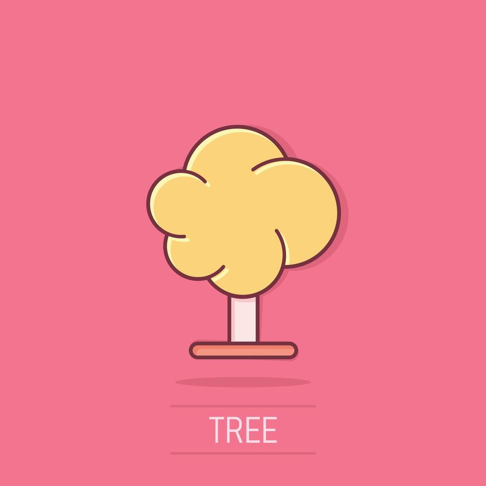 Tree icon in comic style. Forest cartoon vector illustration on isolated background. Plant splash effect sign business concept.