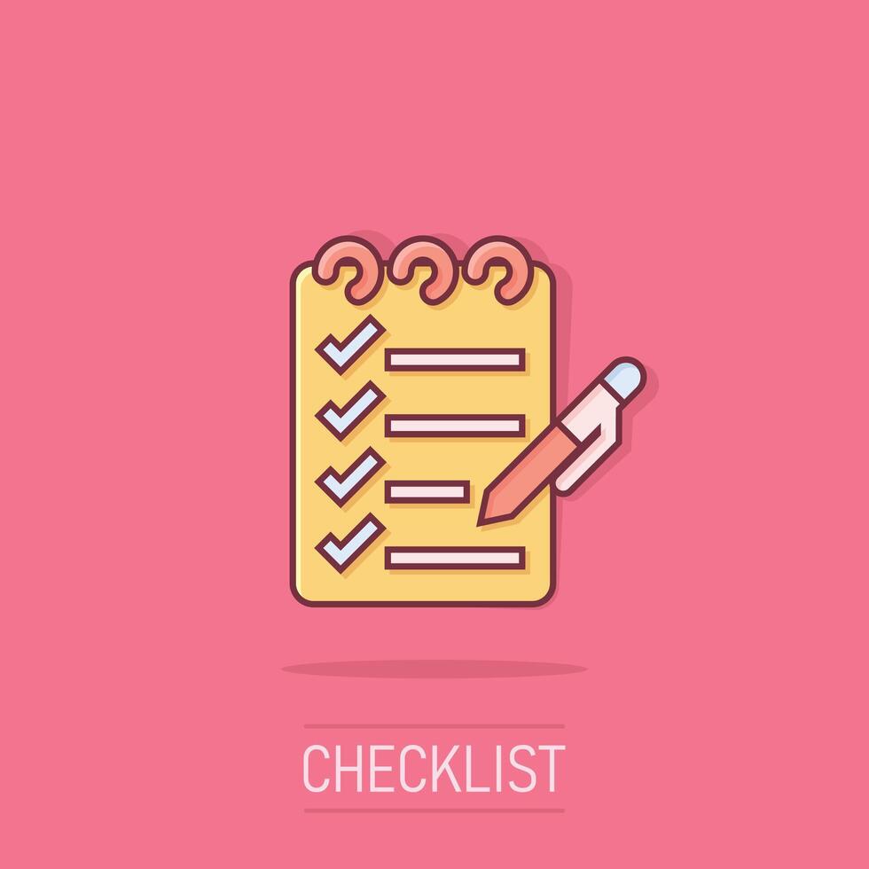 To do list icon in comic style. Document checklist cartoon vector illustration on isolated background. Notepad check mark splash effect business concept.