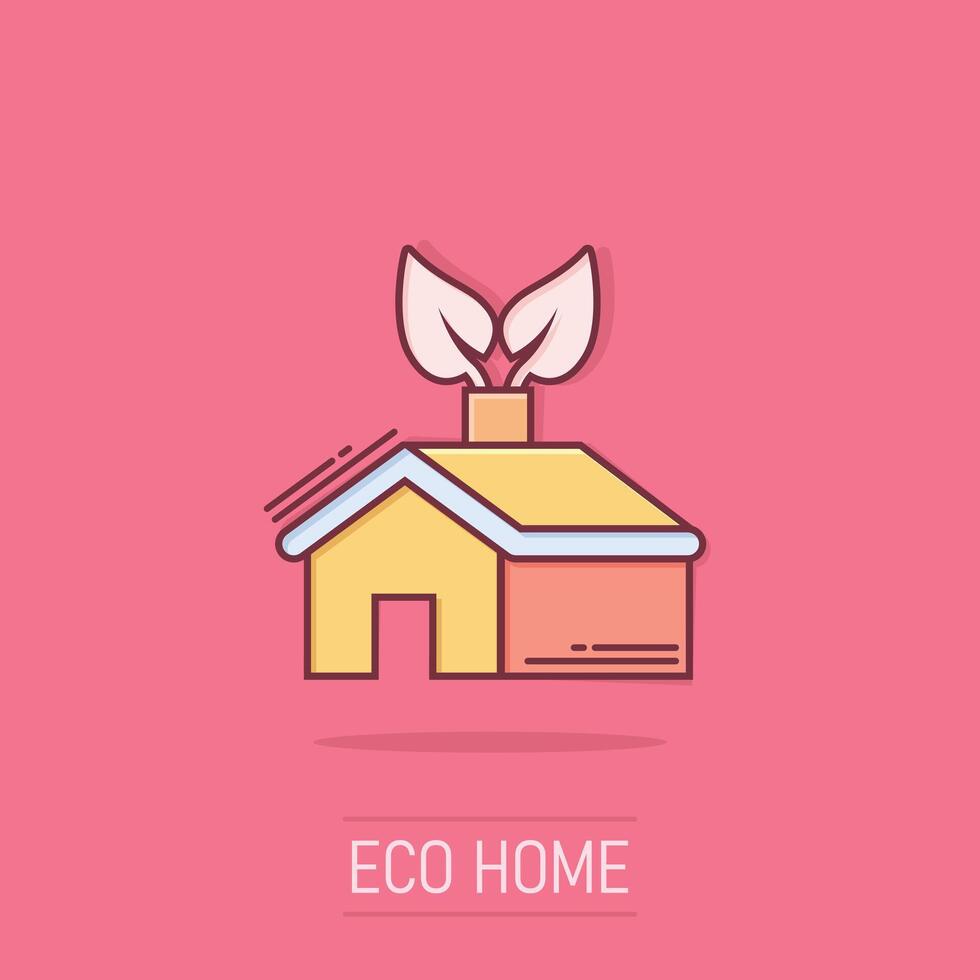 ecología hogar icono en cómic estilo. casa con hoja dibujos animados vector ilustración en aislado antecedentes. botánico edificio chapoteo efecto firmar negocio concepto.