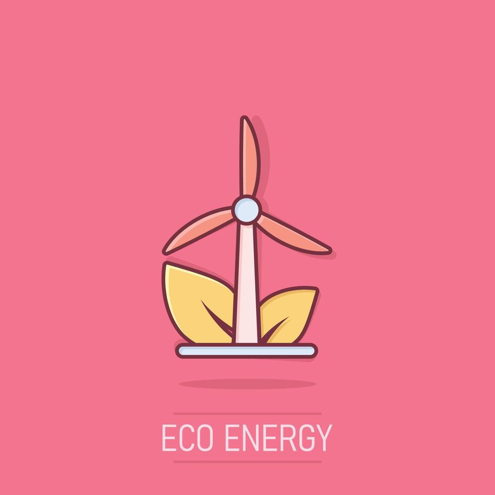 eco energía icono en cómic estilo. hoja viento poder planta dibujos animados vector ilustración en aislado antecedentes. electricista chapoteo efecto firmar negocio concepto.