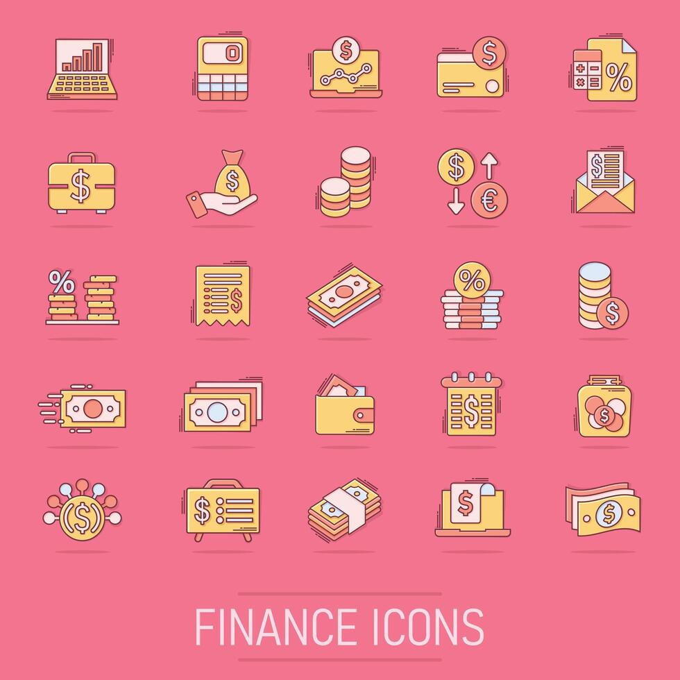 Money finance icon set in comic style. Payment cartoon vector illustration on isolated background. Currency budget splash effect business concept.