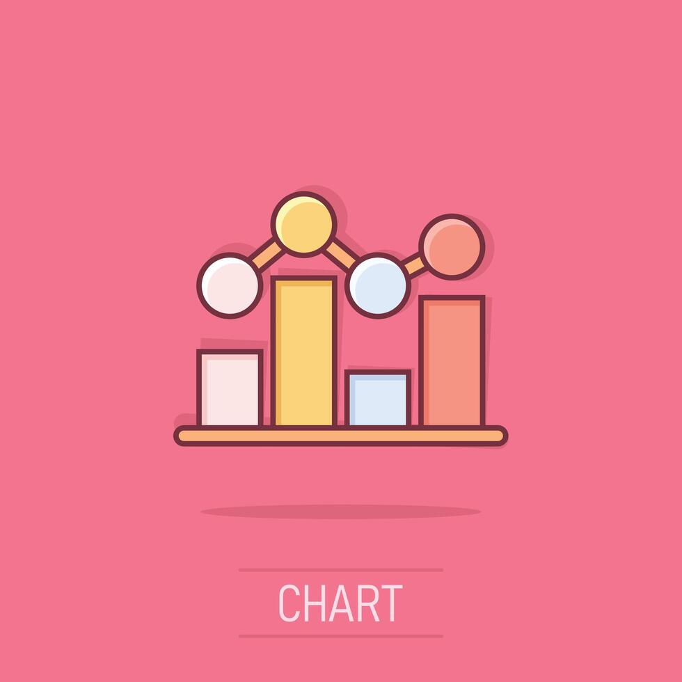 Chart graph icon in comic style. Arrow grow cartoon vector illustration on isolated background. Analysis splash effect business concept.