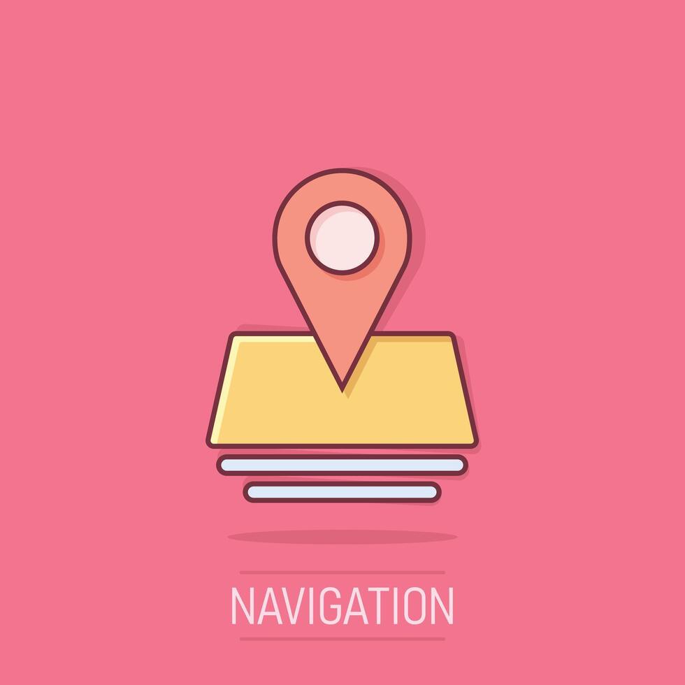 Map pin icon in comic style. Gps navigation cartoon vector illustration on isolated background. Locate position splash effect business concept.