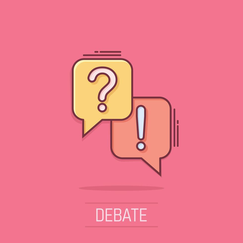 Question and answer icon in comic style. Dialog speech bubble cartoon vector illustration on isolated background. Forum chat splash effect business concept.