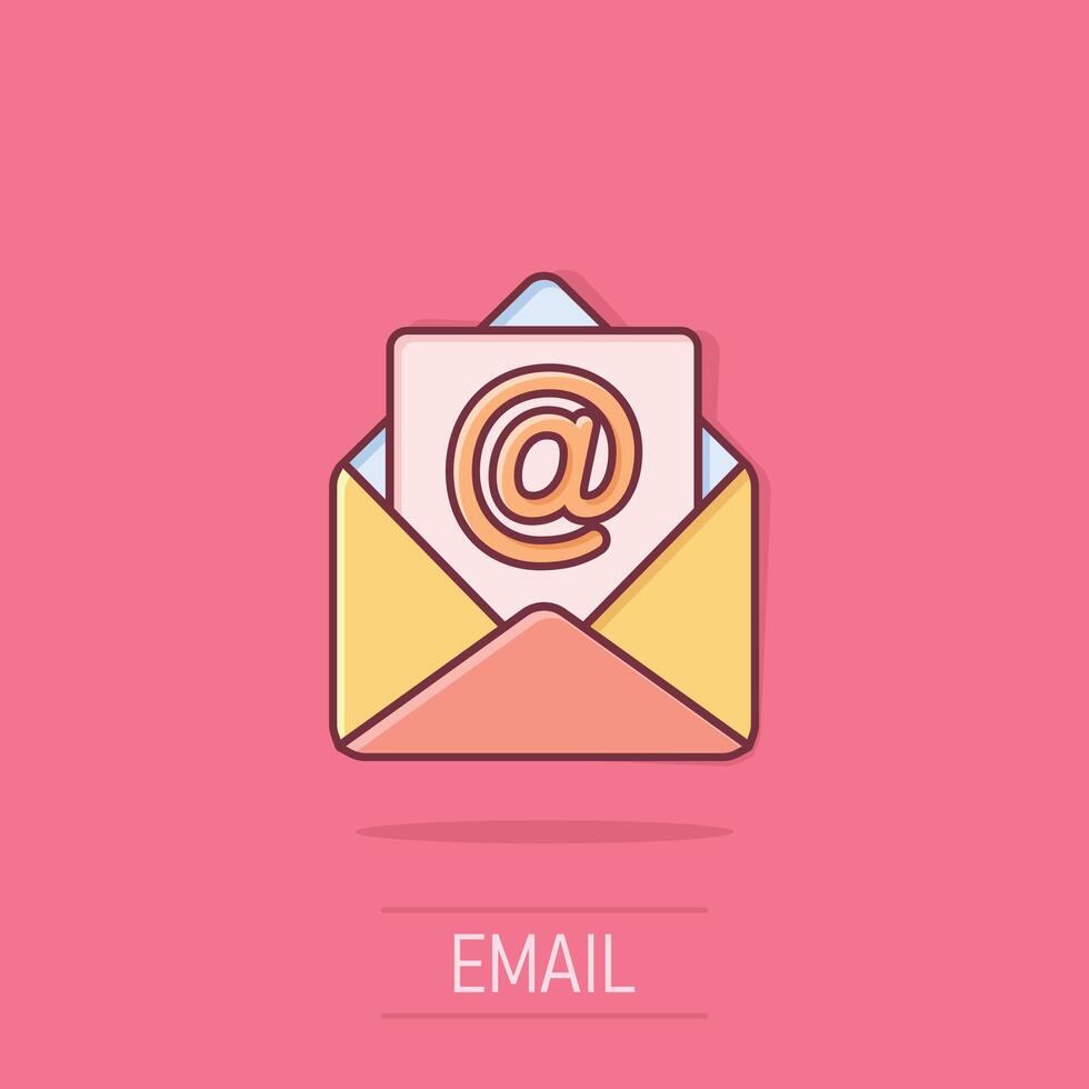 Email message icon in comic style. Mail document cartoon vector illustration on isolated background. Message correspondence splash effect business concept.