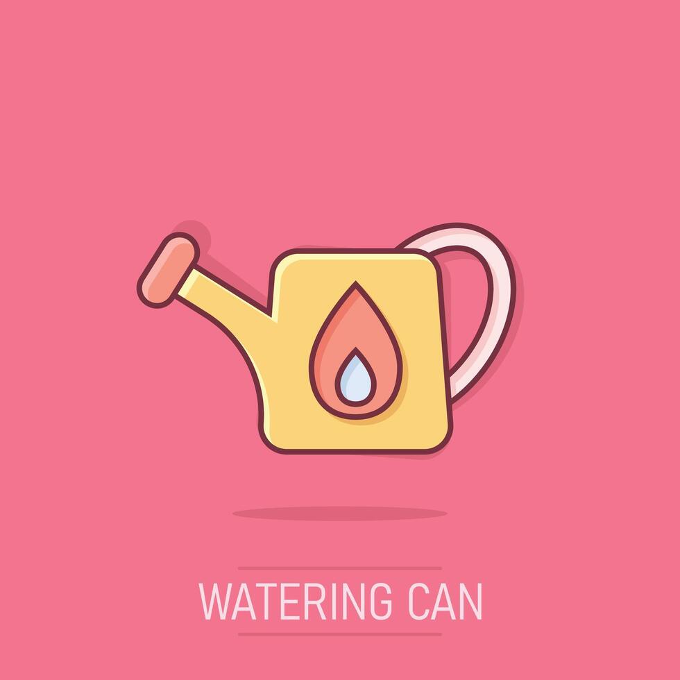 Watering can icon in comic style. Garden tool cartoon vector illustration on isolated background. Cultivate growth splash effect sign business concept.