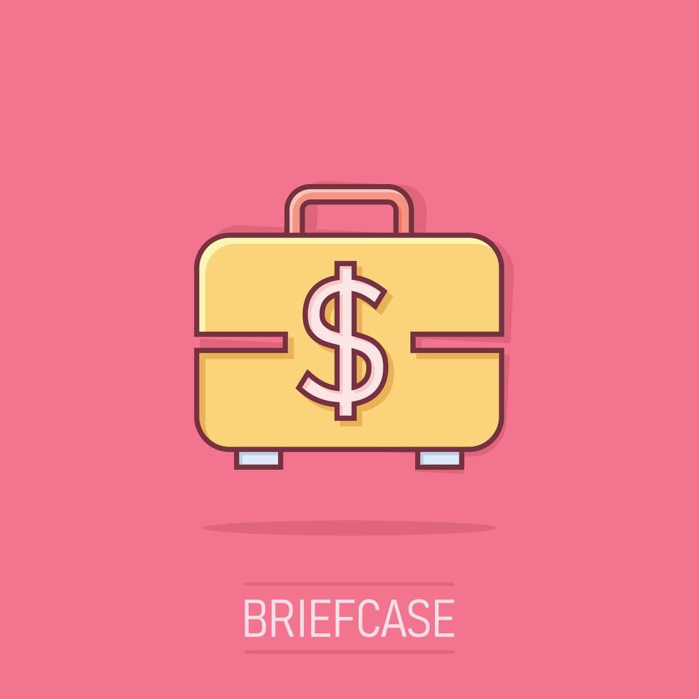 Money briefcase icon in comic style. Cash box cartoon vector illustration on isolated background. Finance splash effect business concept.