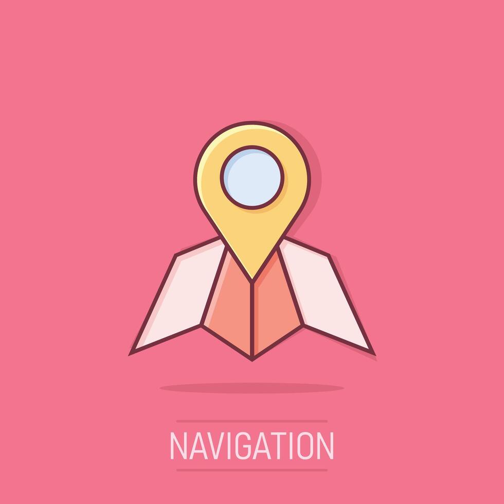 Map pin icon in comic style. GPS navigation cartoon vector illustration on isolated background. Locate position splash effect business concept.