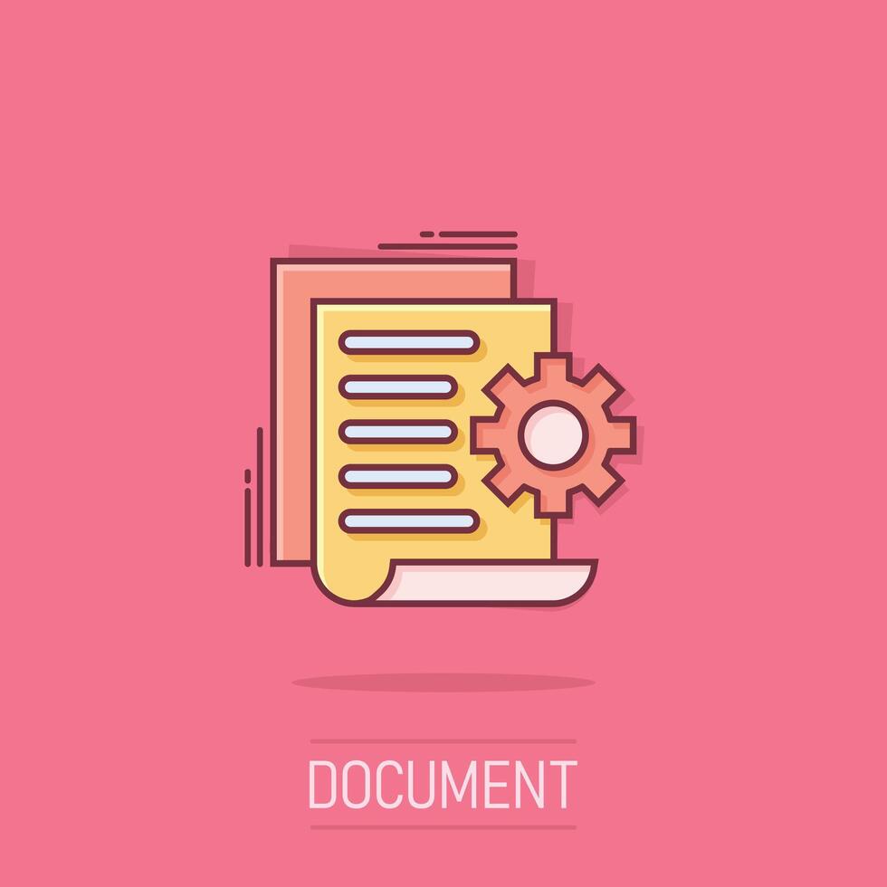 Document with gear icon in comic style. Big data processing cartoon vector illustration on isolated background. Paper sheet software solution splash effect business concept.