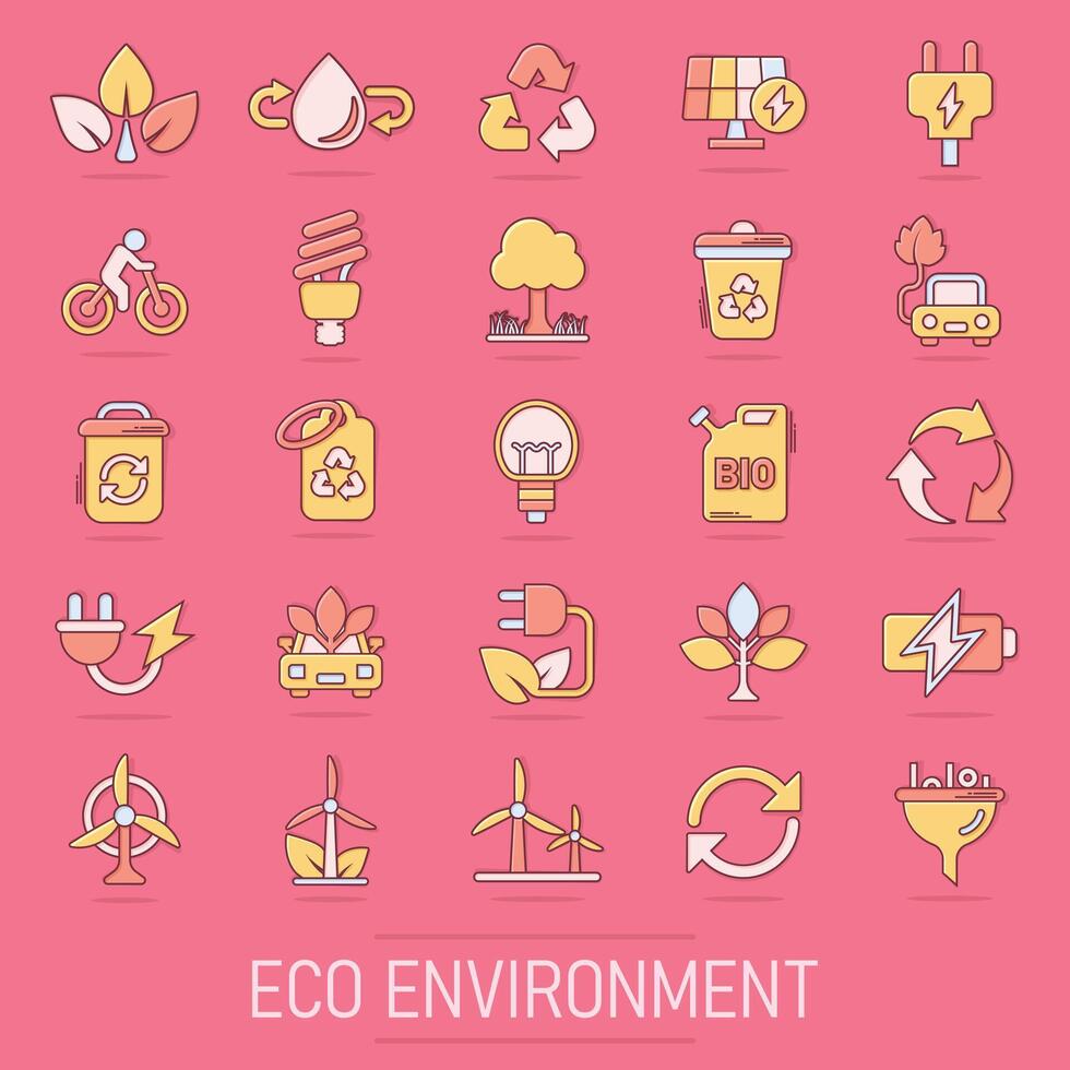 Eco environment icons set in comic style. Ecology cartoon vector illustration on isolated background. Bio emblem splash effect sign business concept.