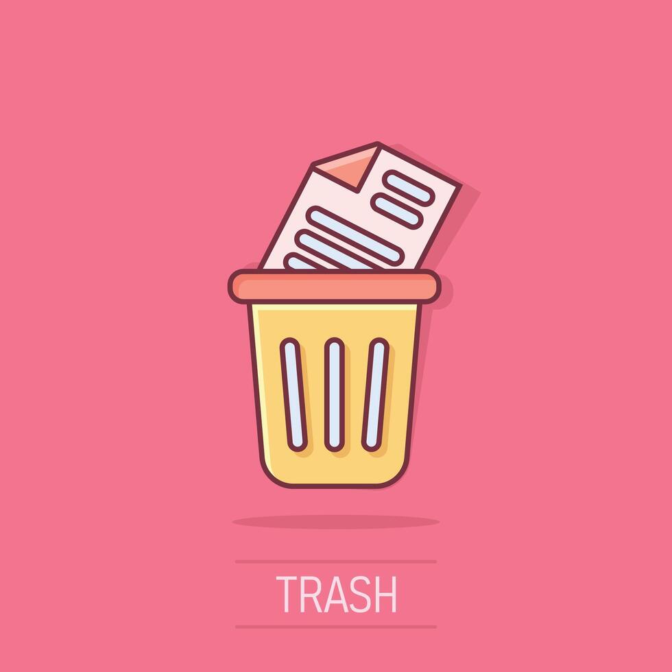 Trash bin with document icon in comic style. Paper recycle cartoon vector illustration on isolated background. Office garbage splash effect business concept.