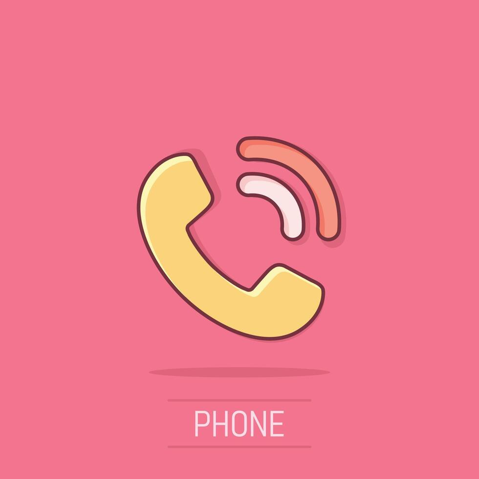 Mobile phone icon in comic style. Telephone talk cartoon vector illustration on isolated background. Hotline contact splash effect business concept.