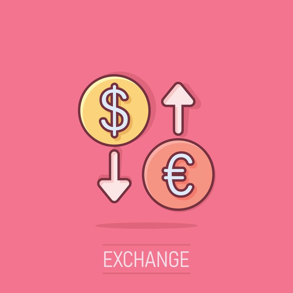 moneda intercambiar icono en cómic estilo. dólar euro transferir dibujos animados vector ilustración en aislado antecedentes. financiero proceso chapoteo efecto negocio concepto.