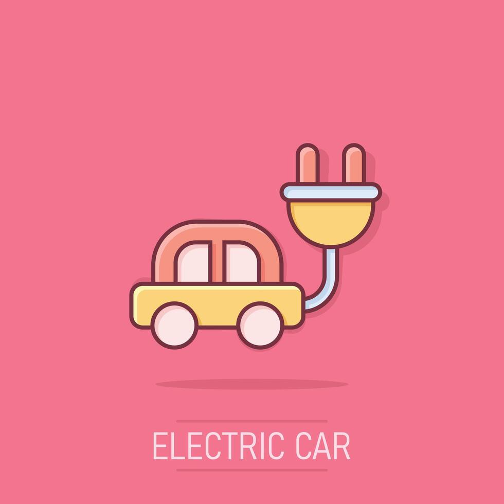 eléctrico coche icono en cómic estilo. electro auto dibujos animados vector ilustración en aislado antecedentes. ecología transporte chapoteo efecto negocio concepto.