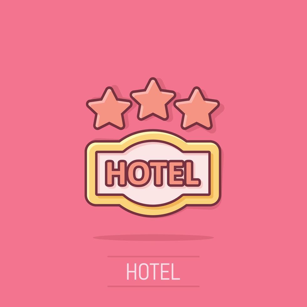 hotel 3 estrellas firmar icono en cómic estilo. Posada dibujos animados vector ilustración en aislado antecedentes. Hostal habitación información chapoteo efecto negocio concepto.