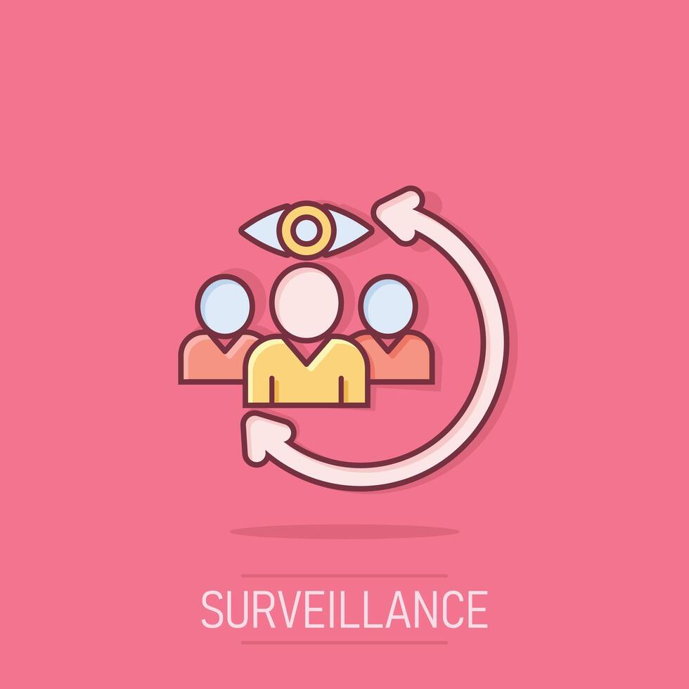 People surveillance icon in comic style. Search human cartoon vector illustration on isolated background. Partnership splash effect business concept.