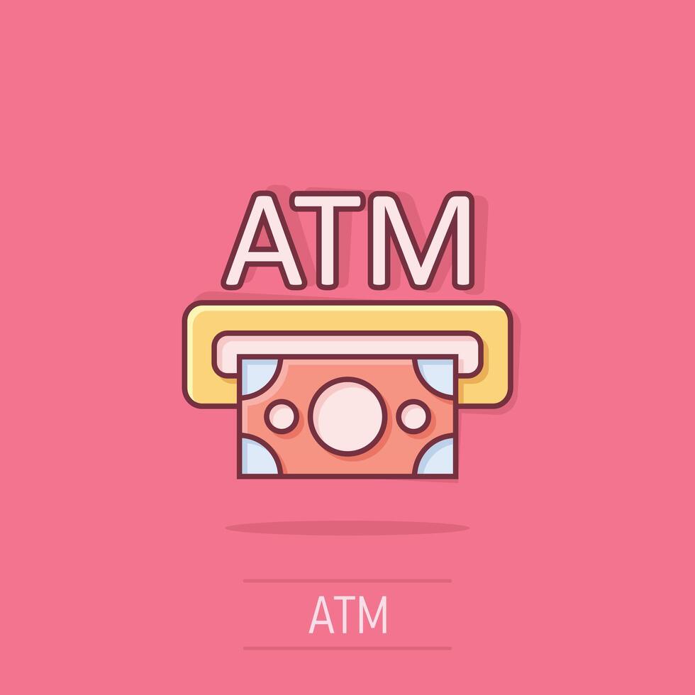 Money ATM icon in comic style. Exchange cash cartoon vector illustration on isolated background. Banknote bill splash effect business concept.