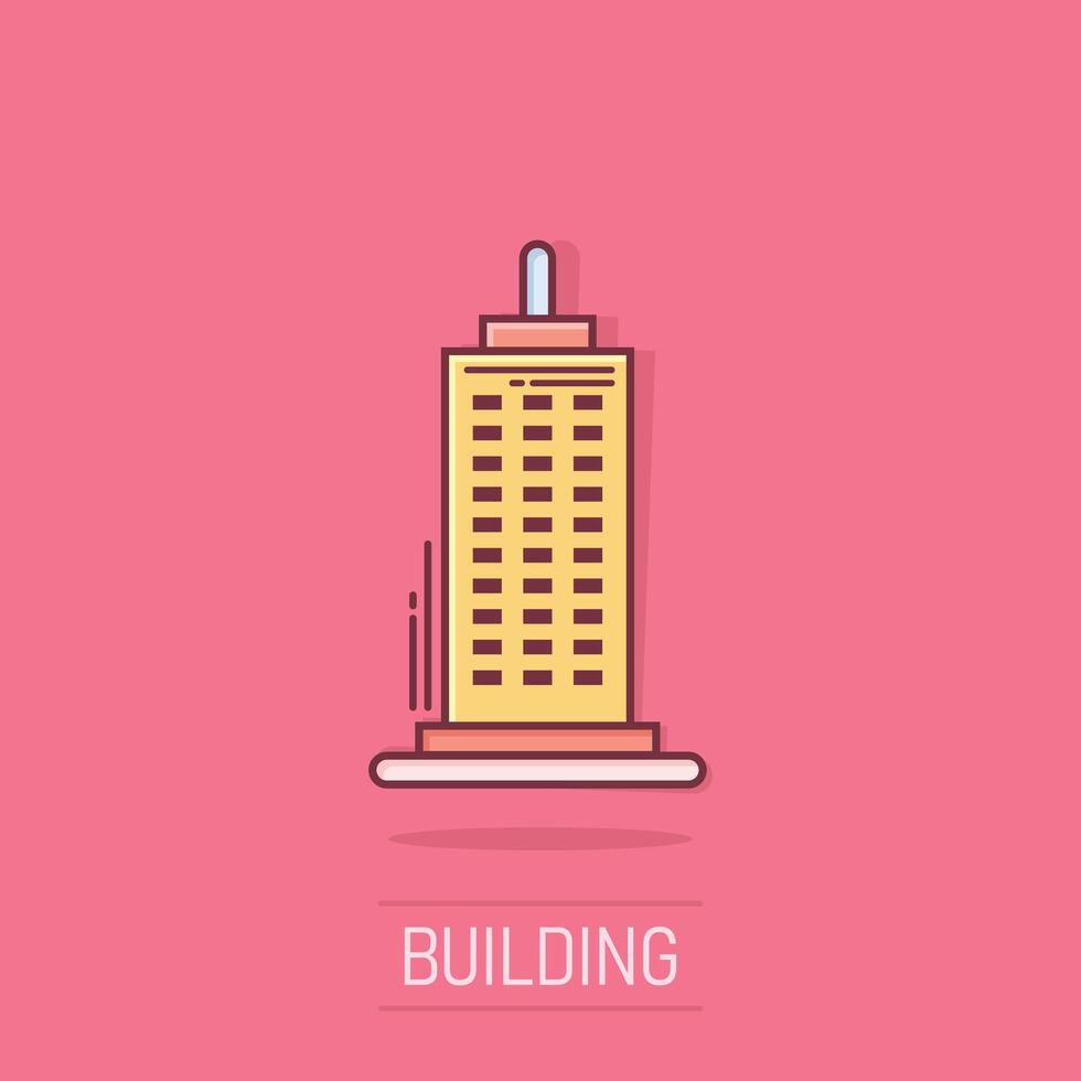 Building icon in comic style. Town skyscraper apartment cartoon vector illustration on isolated background. City tower splash effect business concept.