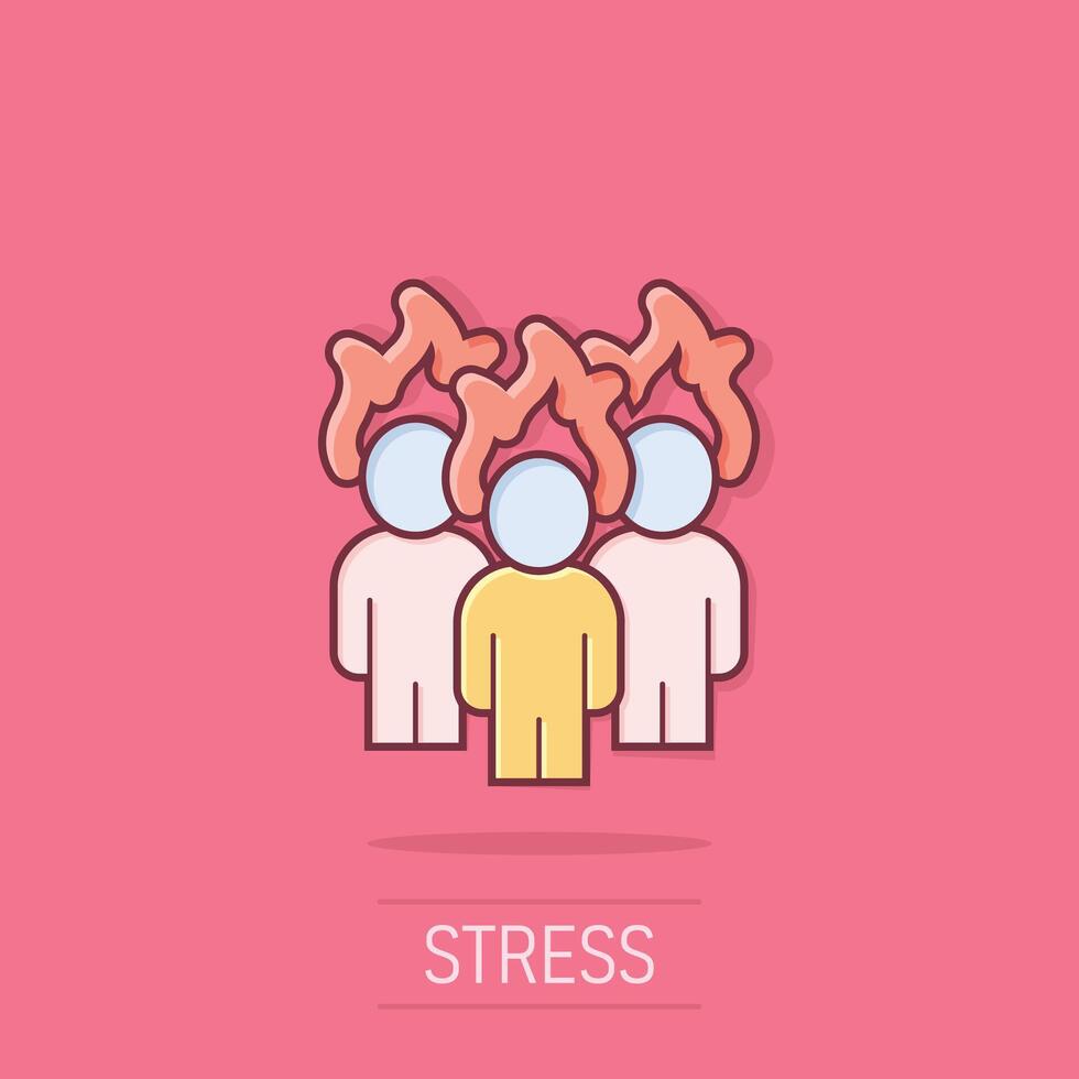 People with flame head icon in comic style. Stress expression cartoon vector illustration on isolated background. Health problem splash effect business concept.
