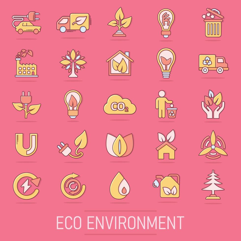Eco environment icons set in comic style. Ecology cartoon vector illustration on isolated background. Bio emblem splash effect sign business concept.