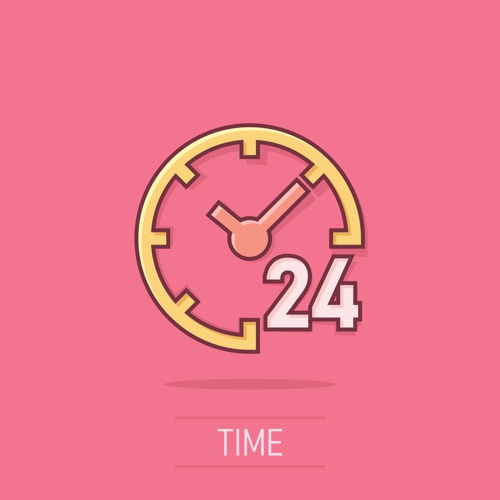 Clock 24 7 icon in comic style. Watch cartoon vector illustration on isolated background. Timer splash effect business concept.