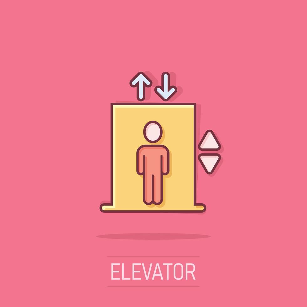 Elevator icon in comic style. Lift cartoon vector illustration on isolated background. Passenger transportation splash effect business concept.