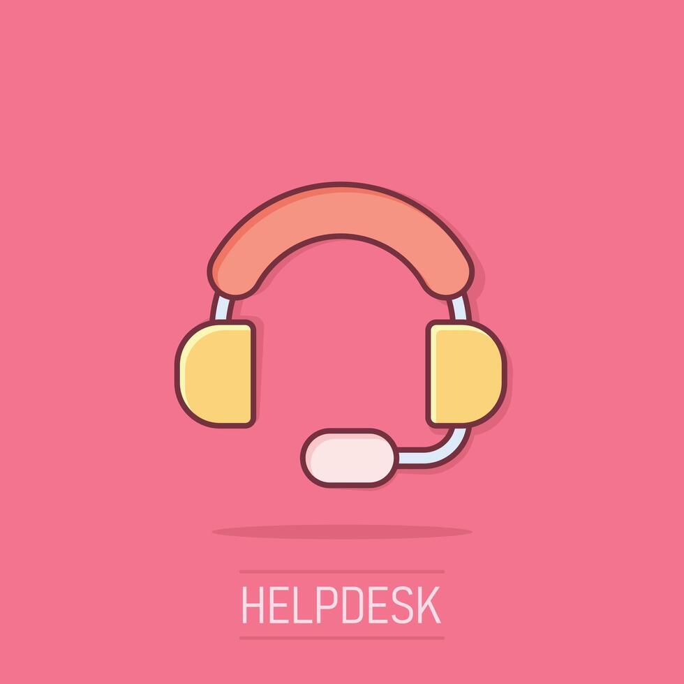 Helpdesk icon in comic style. Headphone cartoon vector illustration on isolated background. Chat operator splash effect business concept.