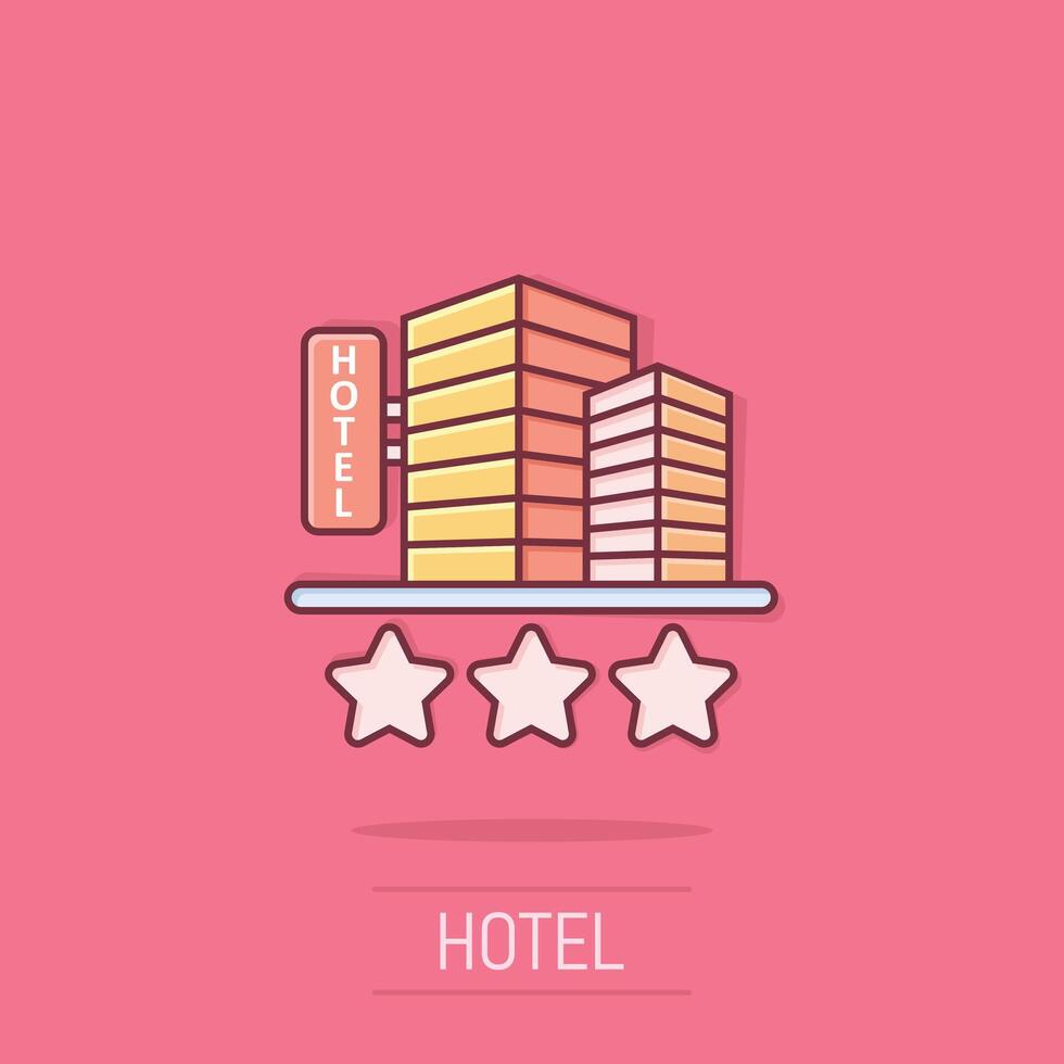 Hotel 3 stars sign icon in comic style. Inn building cartoon vector illustration on isolated background. Hostel room splash effect business concept.