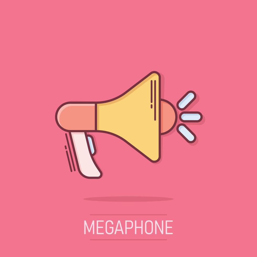 Megaphone speaker icon in comic style. Bullhorn sign cartoon vector illustration on isolated background. Scream announcement splash effect business concept.