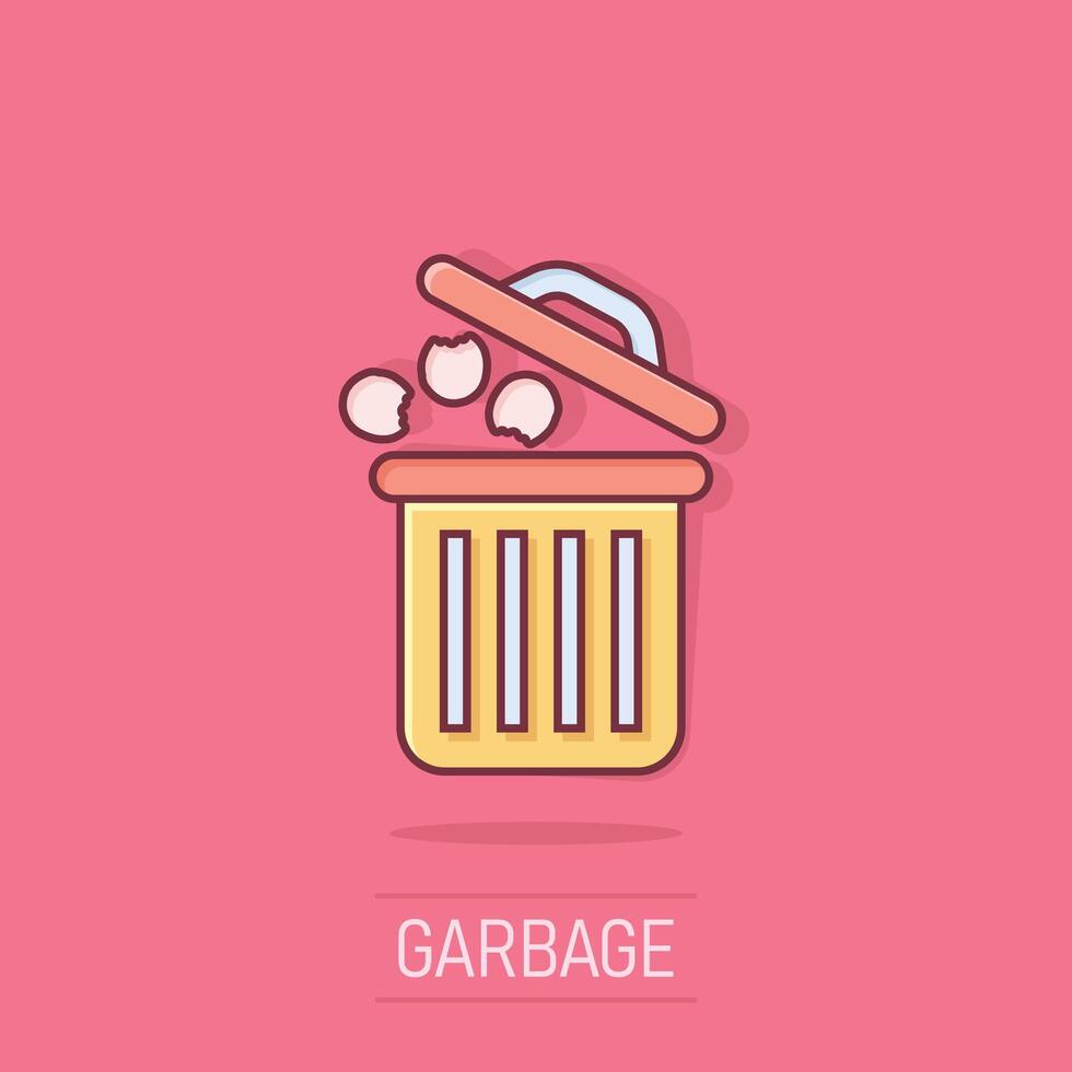 Garbage bin icon in comic style. Recycle cartoon vector illustration on isolated background. Trash basket splash effect sign business concept.
