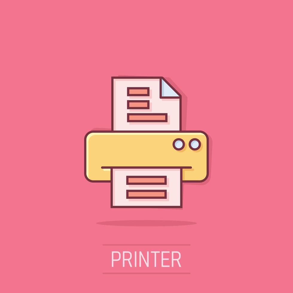 Office printer icon in comic style. Fax cartoon vector illustration on isolated background. Text printout splash effect business concept.