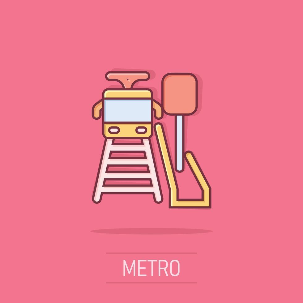 Metro station icon in comic style. Train subway cartoon vector illustration on isolated background. Railroad cargo splash effect business concept.