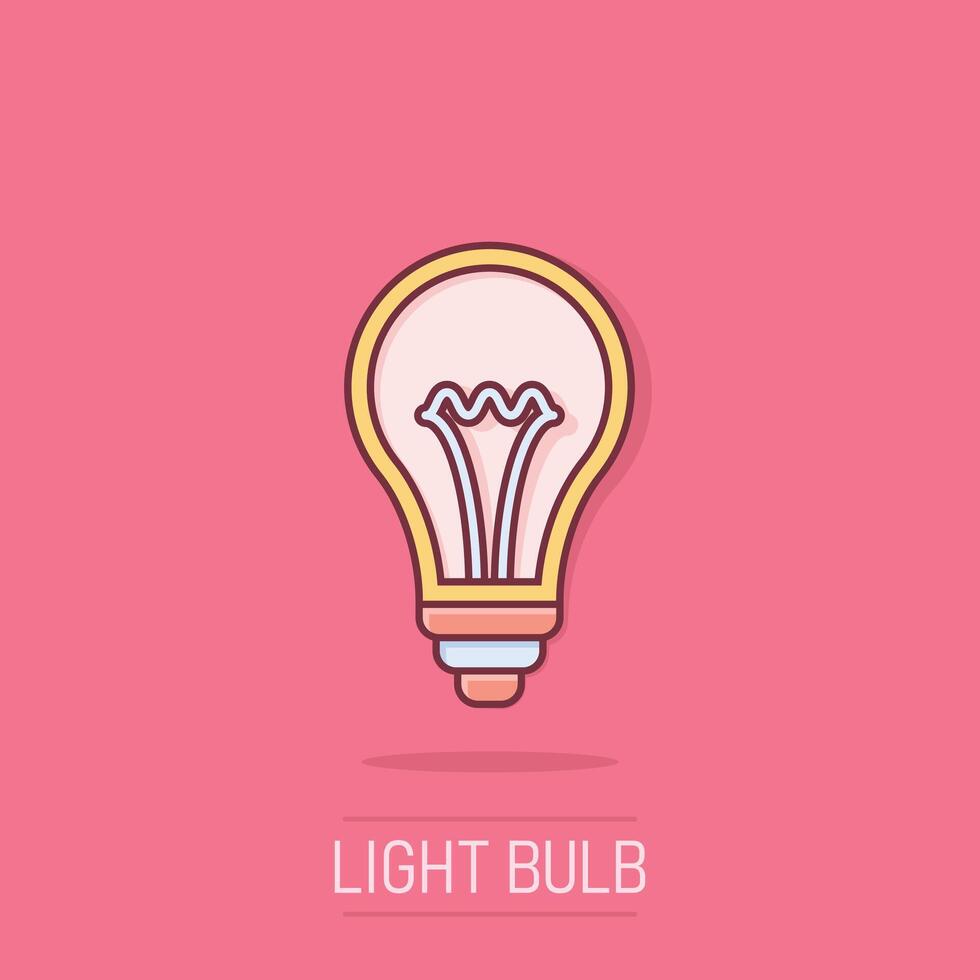 Light bulb icon in comic style. Lightbulb cartoon vector illustration on isolated background. Energy lamp splash effect sign business concept.