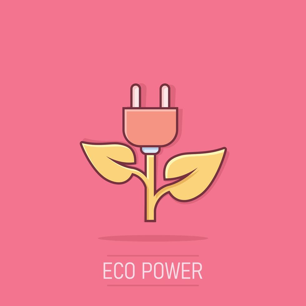 Eco power icon in comic style. Green energy cartoon vector illustration on isolated background. Nature cable splash effect business concept.