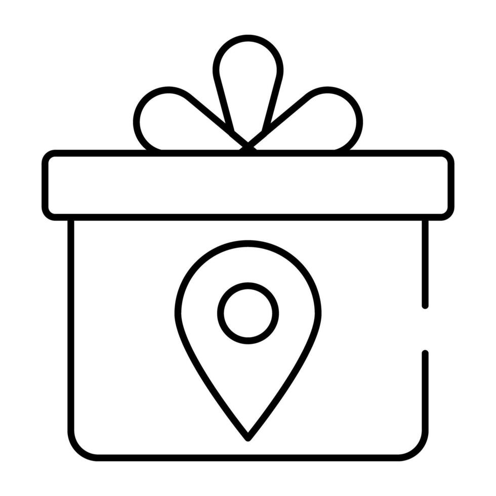 A linear design icon of gift location, wrapped package with location pin vector