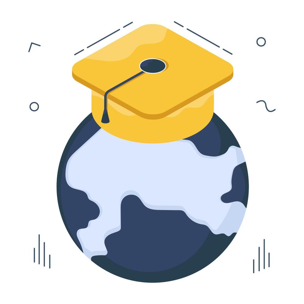 Globe with mortarboard, isometric design of global learning vector