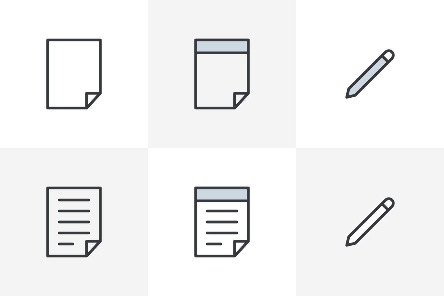 Paper, Notepad and Document icon set with Pen. Document symbol flat style line icon pack vector