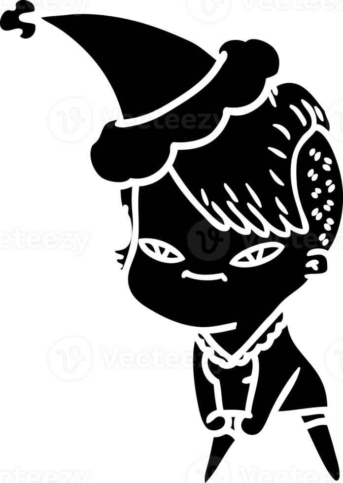 schattig hand- getrokken lijn tekening van een meisje met hipster kapsel vervelend de kerstman hoed solide zwart icoon png