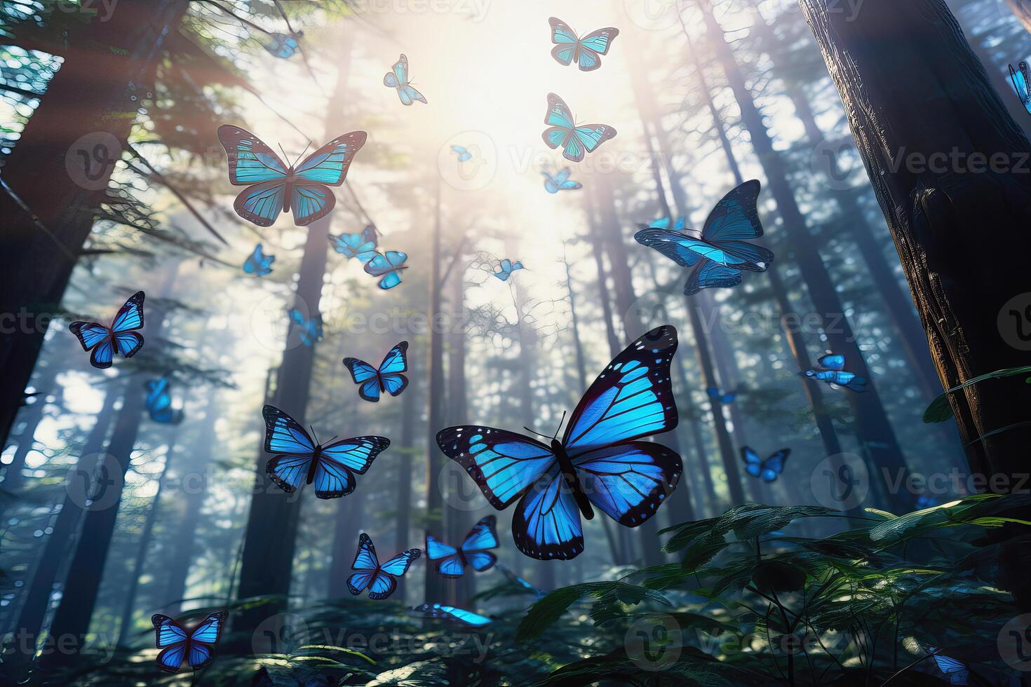 AI generated Big group of stylized blue monarch butterflies flying in a natural forest environment, AI generated photo