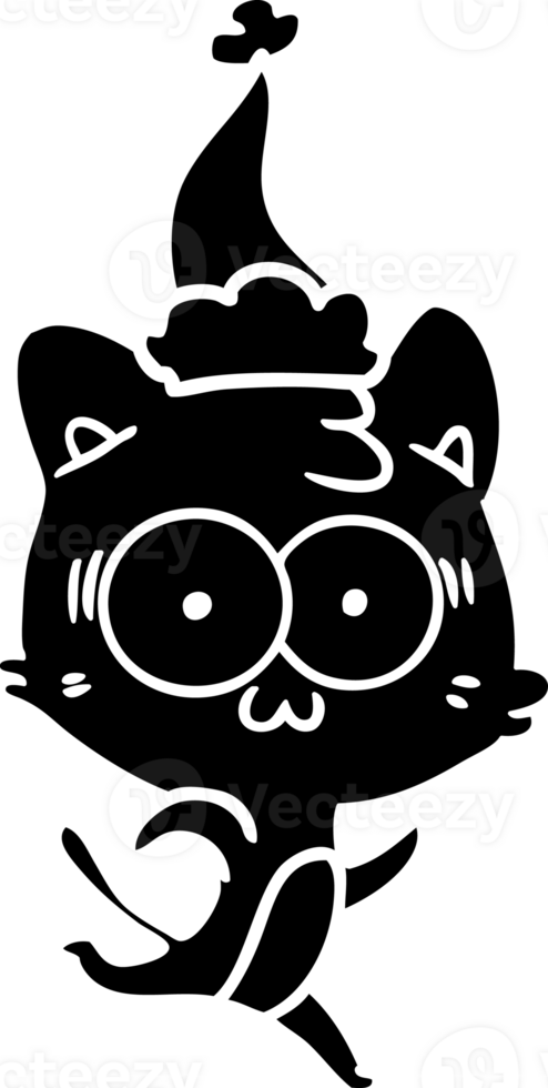 hand drawn line drawing of a surprised cat running wearing santa hat solid black icon png