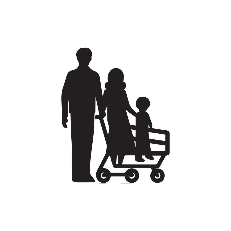 familia con compras. compras tarjeta icono. negro en blanco antecedentes. vector ilustración